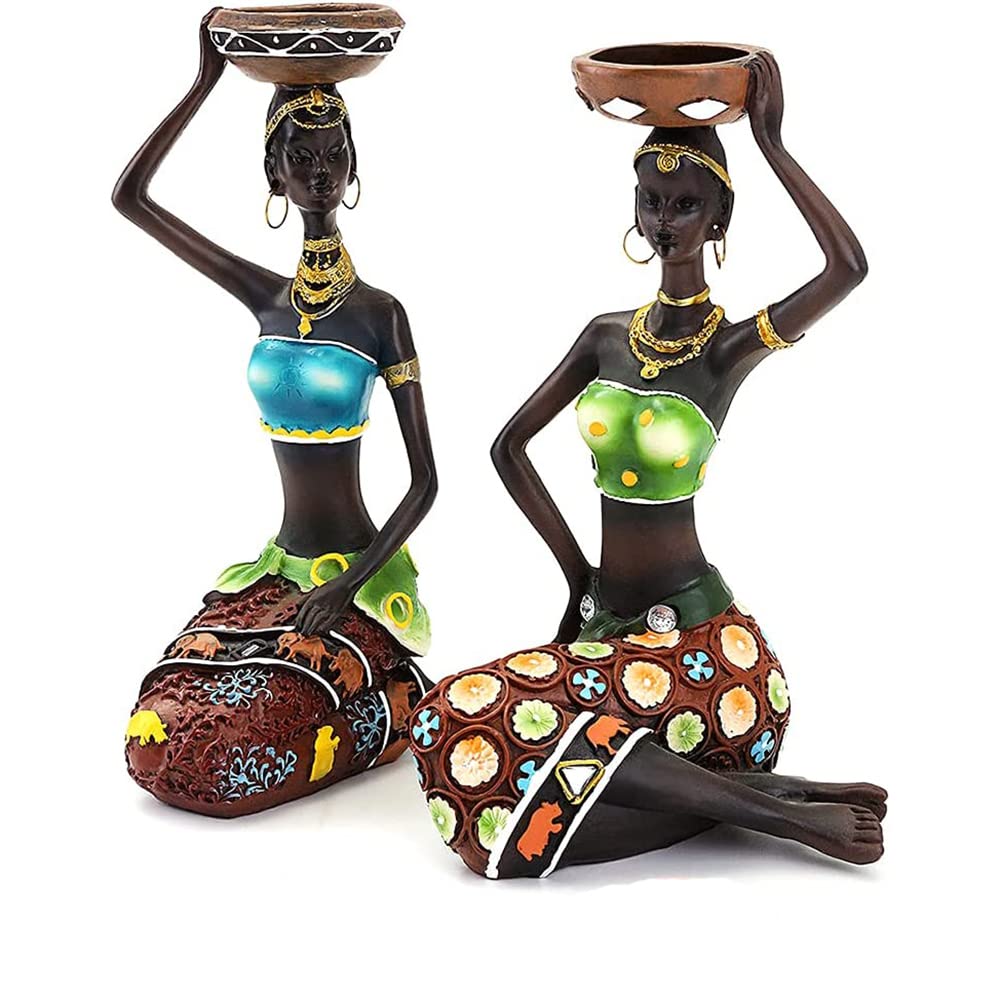 2 Pack African Women Sculpture,8.5In Black Tribal Lady Figure Figurine Candle Holder African American Women Statue Collectible A