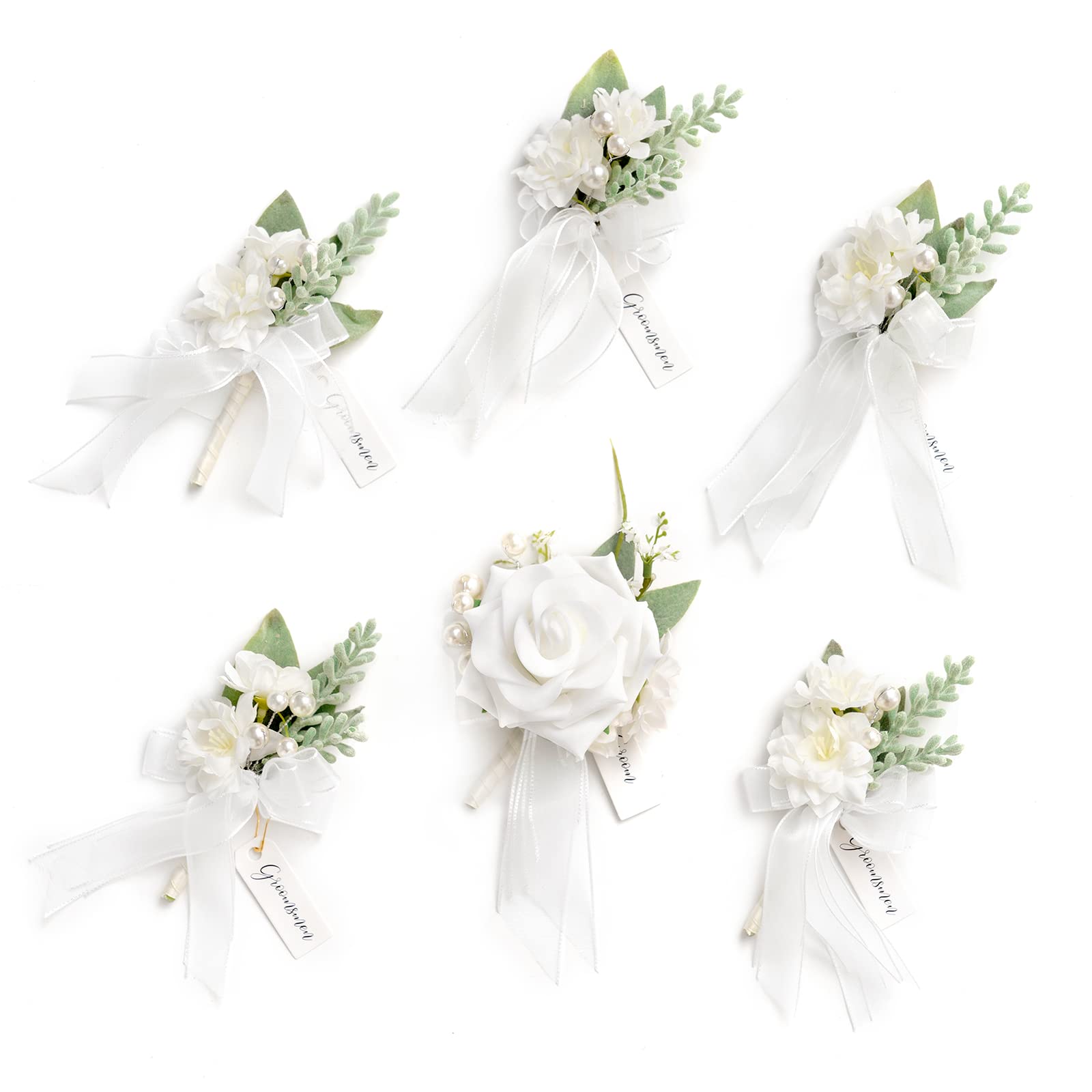 Lings Moment Snow White Boutonniere for Men (Set of 6), Groom Groomsmen Boutonniere for Wedding,Prom,Homecoming, etc.
