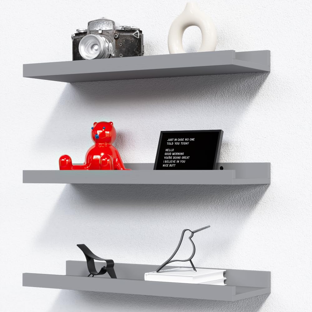 Richer House 3 Set Floating Shelves For Wall, Black Wall Mounted Shelves With Lip For Storage, Display Picture Ledge Shelf For Bedroom Bathroom Kitchen Living Room Wall Decor, Modern Grey