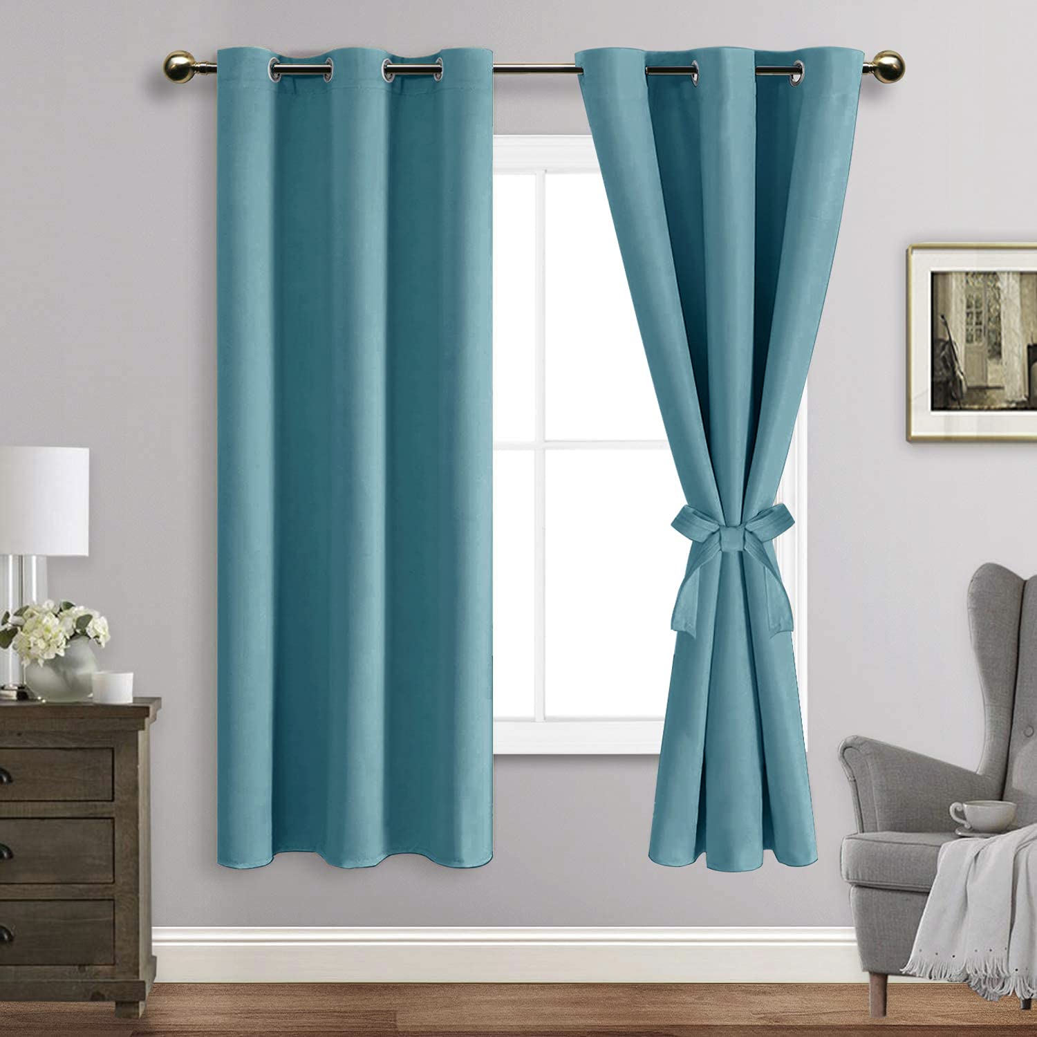 Jiuzhen Blackout Curtains With Tiebacks - Thermal Insulated, Light Blocking And Noise Reducing Grommet Curtain Drapes For Bedroom And Living Room, Set Of 2 Panels, Turquoise, 42 X 63 Inch Length