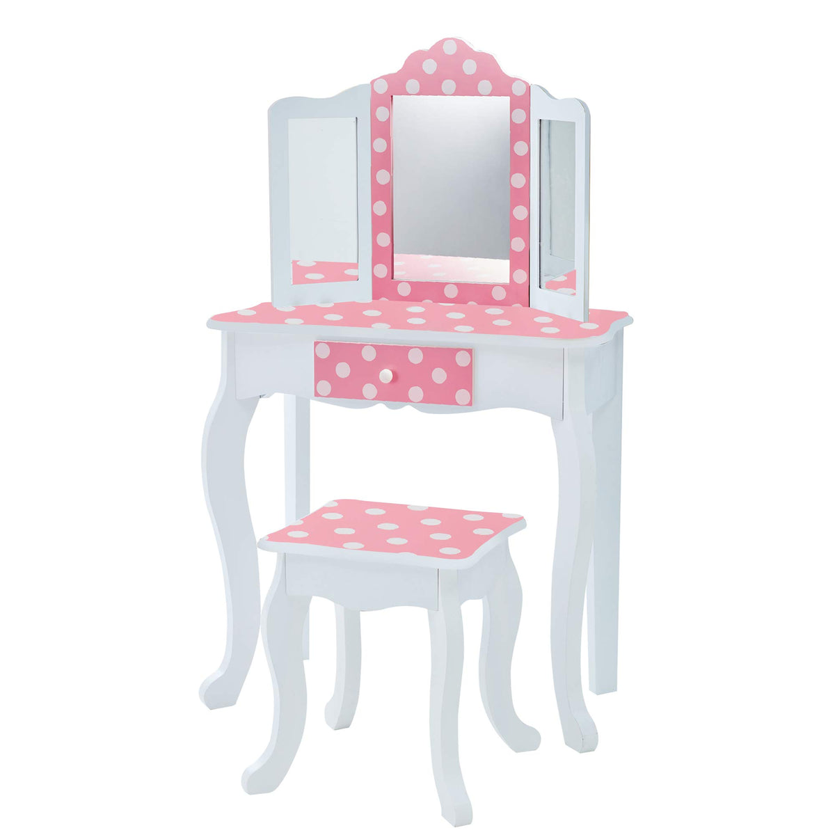 Teamson Kids Princess Gisele Polka Dot Print 2-Piece Kids Wooden Play Vanity Set with Vanity Table, Tri-Fold Mirror, Storage Dra