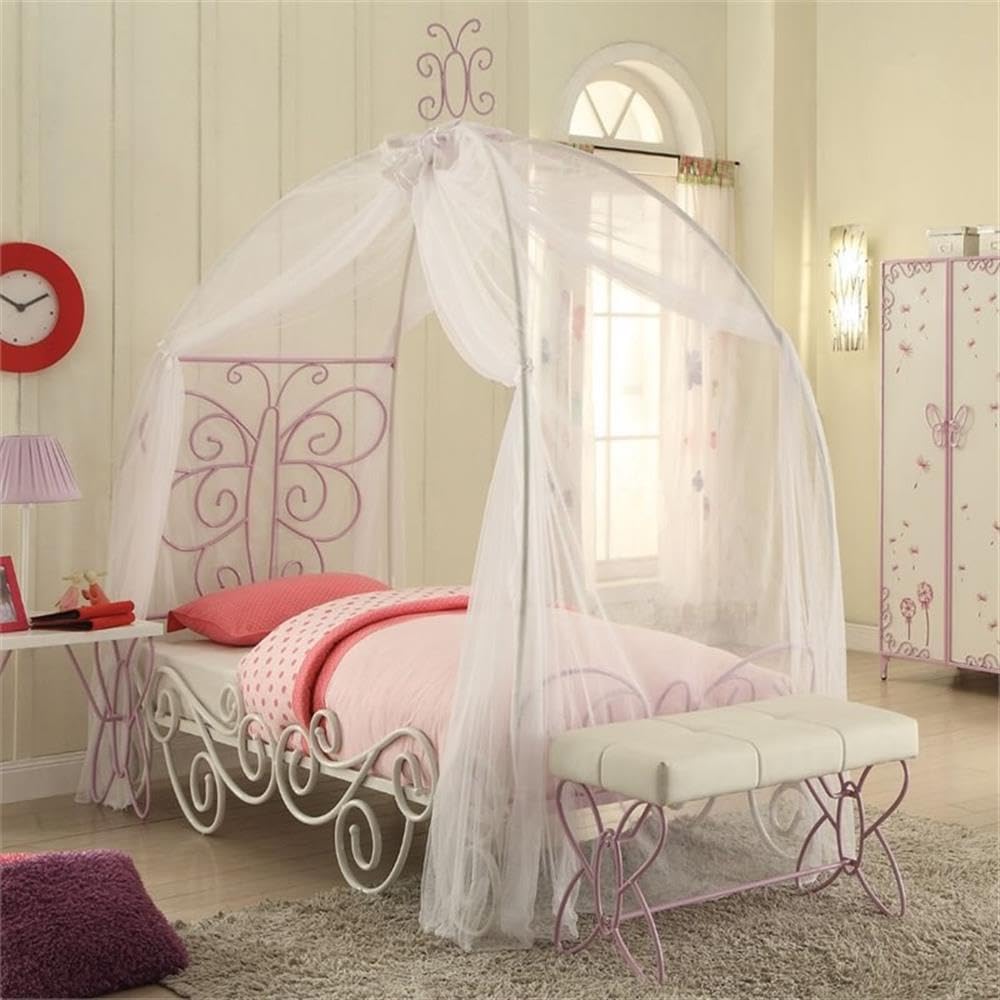 Acme Priya II Metal Tube Twin Bed with Canopy in White and Light Purple