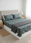 Floral Print Fitted Bedsheet Set With Pillowcases, Teal Blue And Gold, Modern Botanical Pattern, Cotton Blend, Double Bed Size