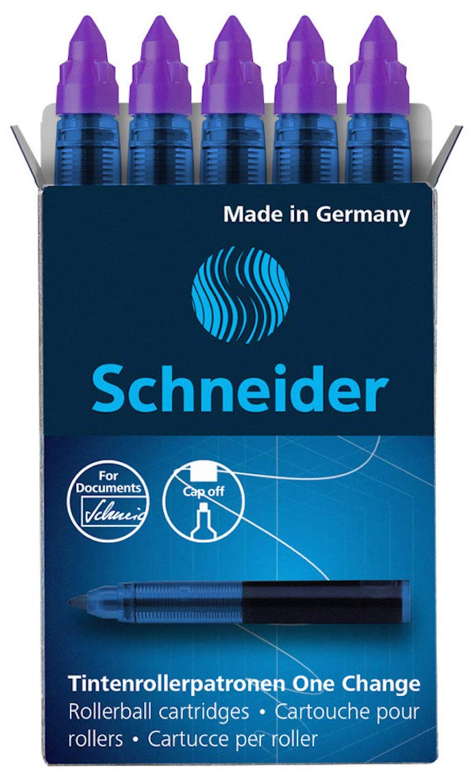 Schneider One Change Rollerball Refill Cartridges, 0.6 Mm, Violet Ink, Box Of 5 Refill Cartridges (185408)