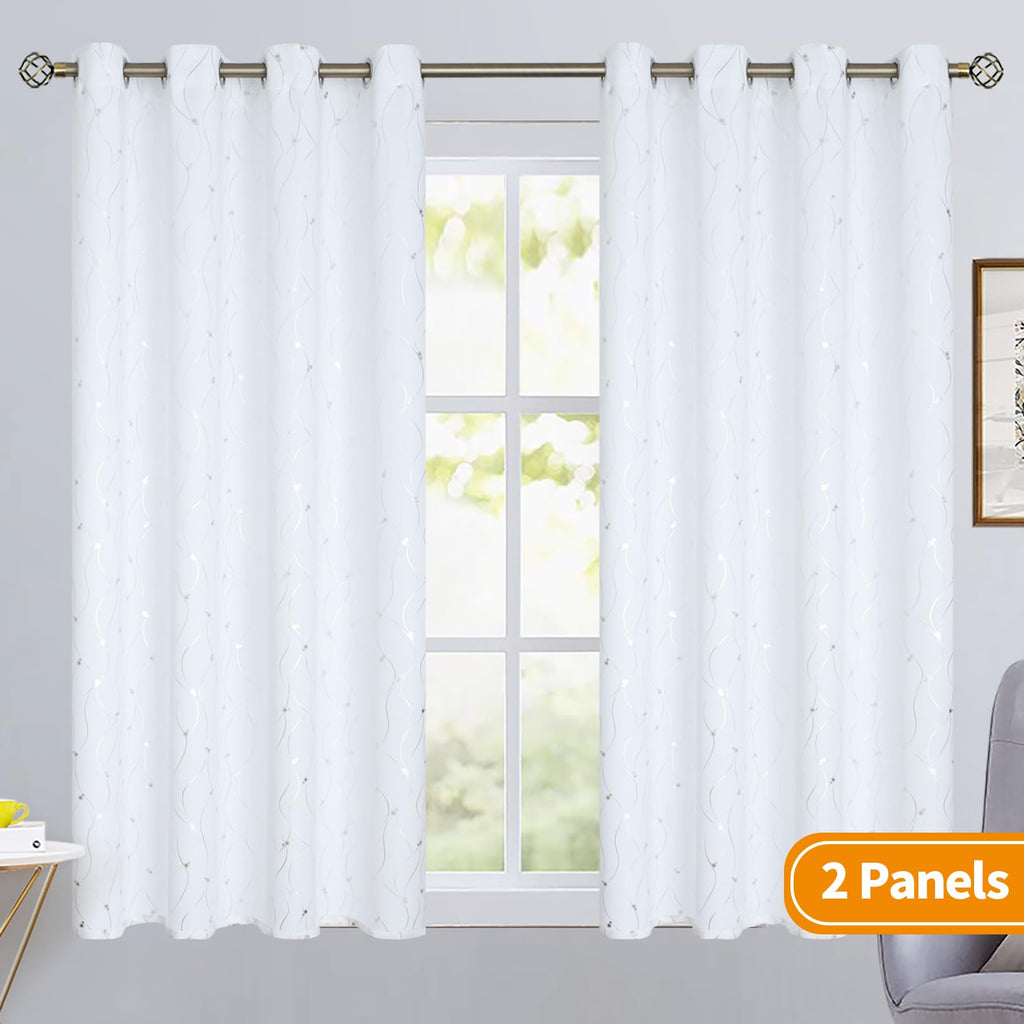 Bgment Room Darkening Curtains 45 Inches Long, Grommet Thermal Insulated Blackout Curtains With Wave Line And Dots Printed For Bedroom, 2 Panels, Each 52 X 45 Inch, Pure White