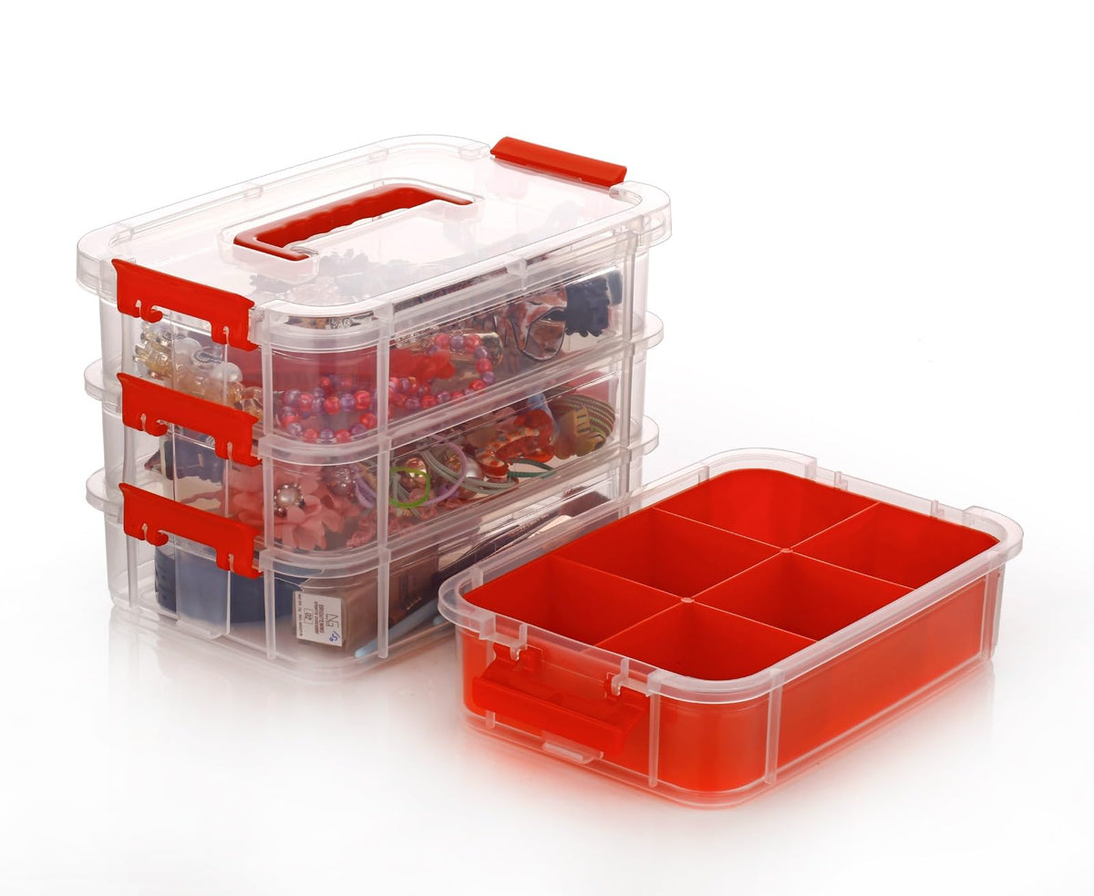 Shuttle Art 3Tiers Stack Carry Storage Box With Handle, Transparent Stackable Storage Bin With Handle Lid Latching Storage Cont