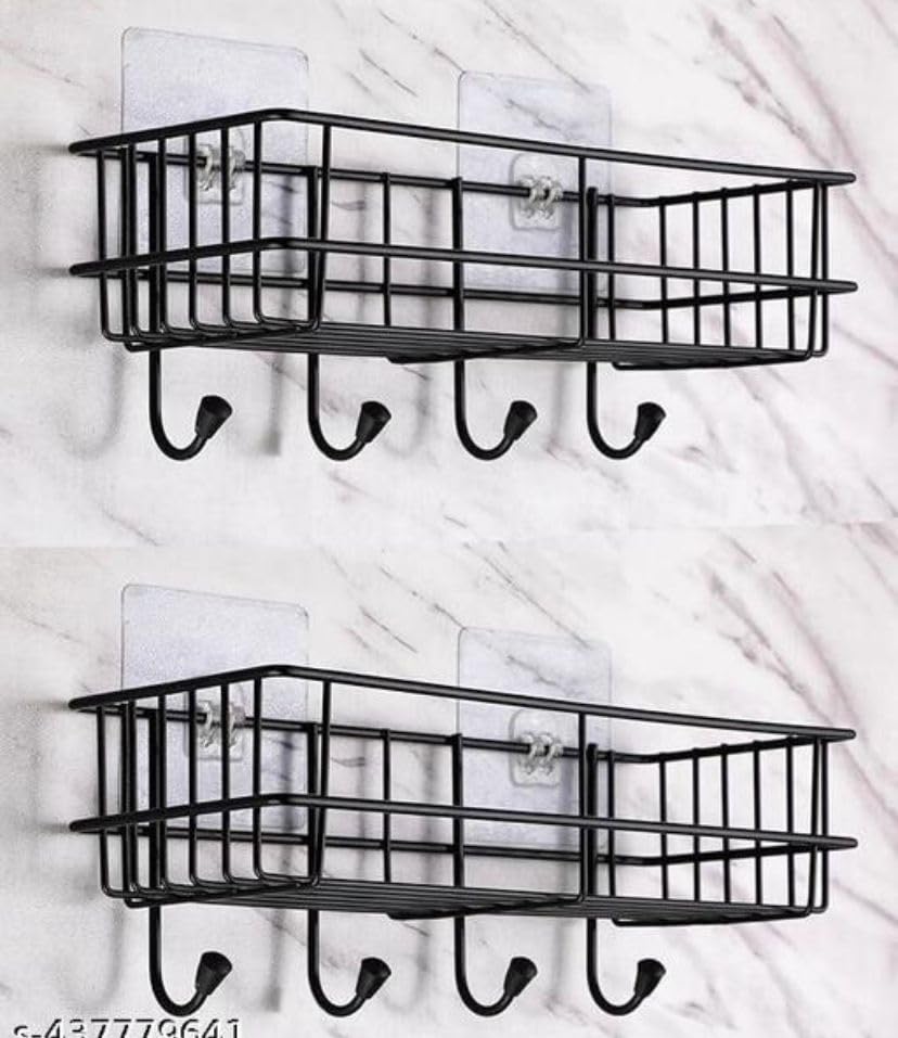 Fampoux Wall Mounted SelfAdhesive Bathroom Kitchen Corner Shelf Organiser Storage Rack & Holder Accessories (2, 4 Hook)
