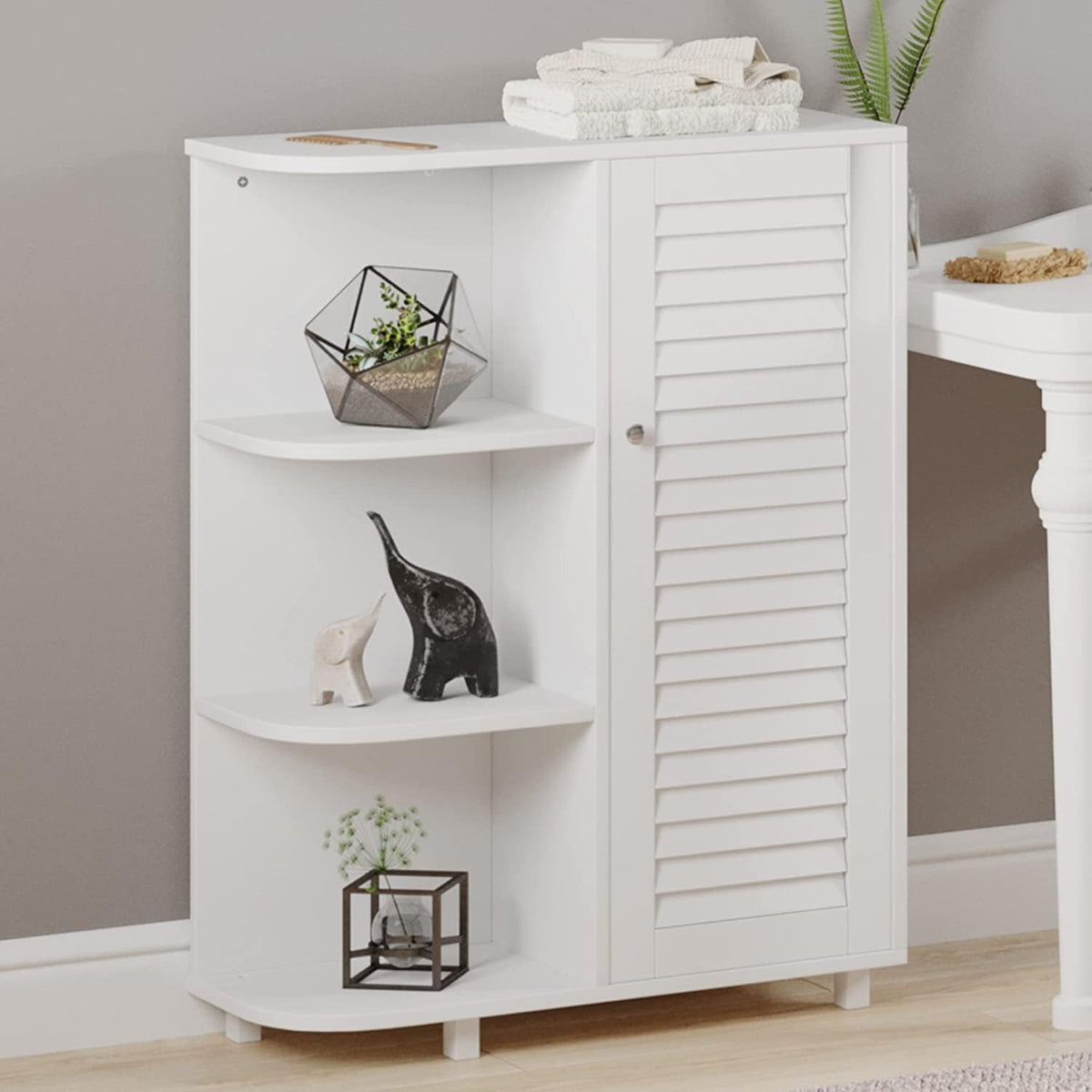 Wooden Curved Free Floor Standing Kitchen Bathroom Space Saving Cabinet Shelf With Shutter Doors Single Door, Adjustable Shelf O