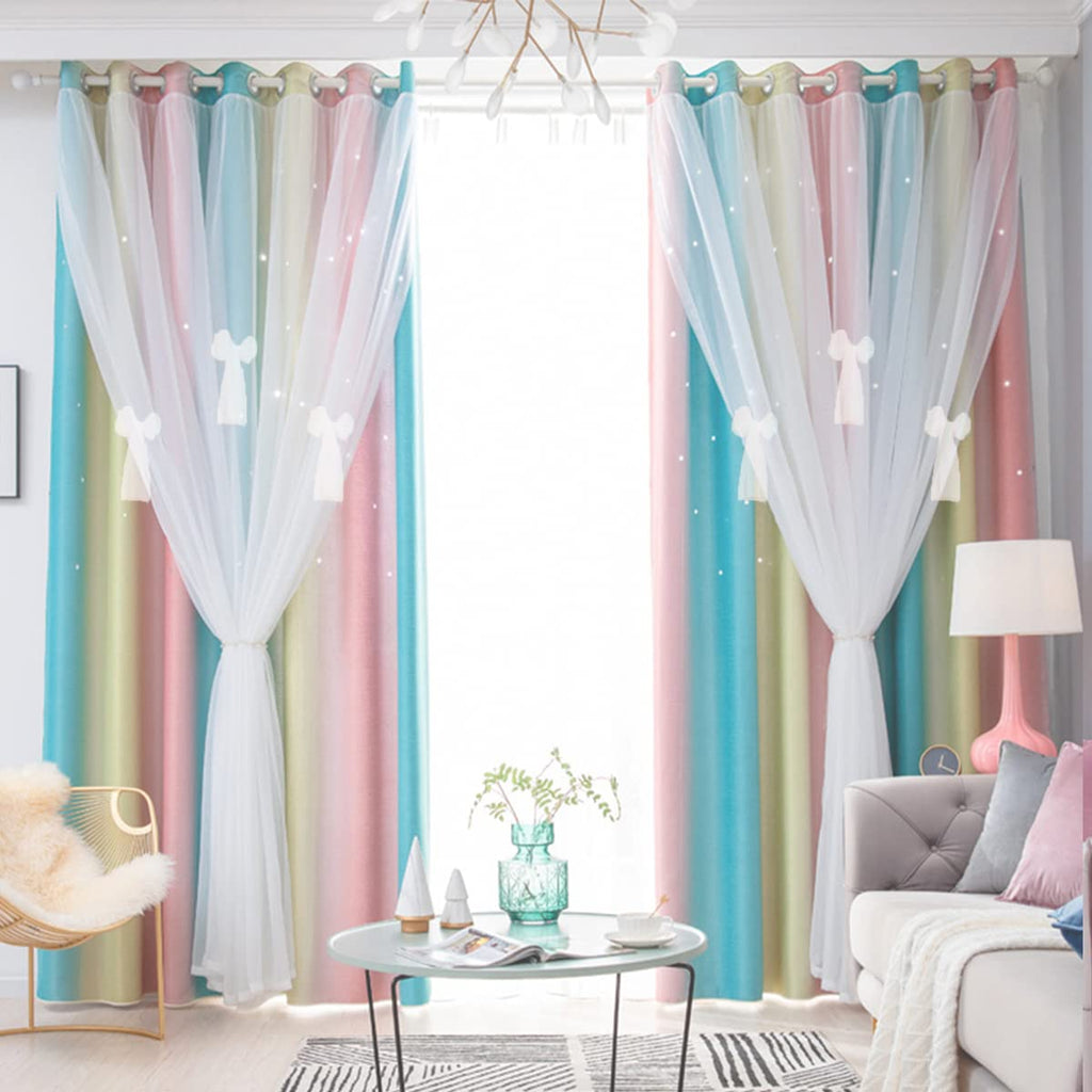 Yancorp Curtains For Girls Bedroom Kids Curtain Hollow-Out Star Window Drapes Curtain 84 Inches Length Room Darkening Grommet 2 Layers,1 Panel (Baby Pink Blue, W52 X L84)