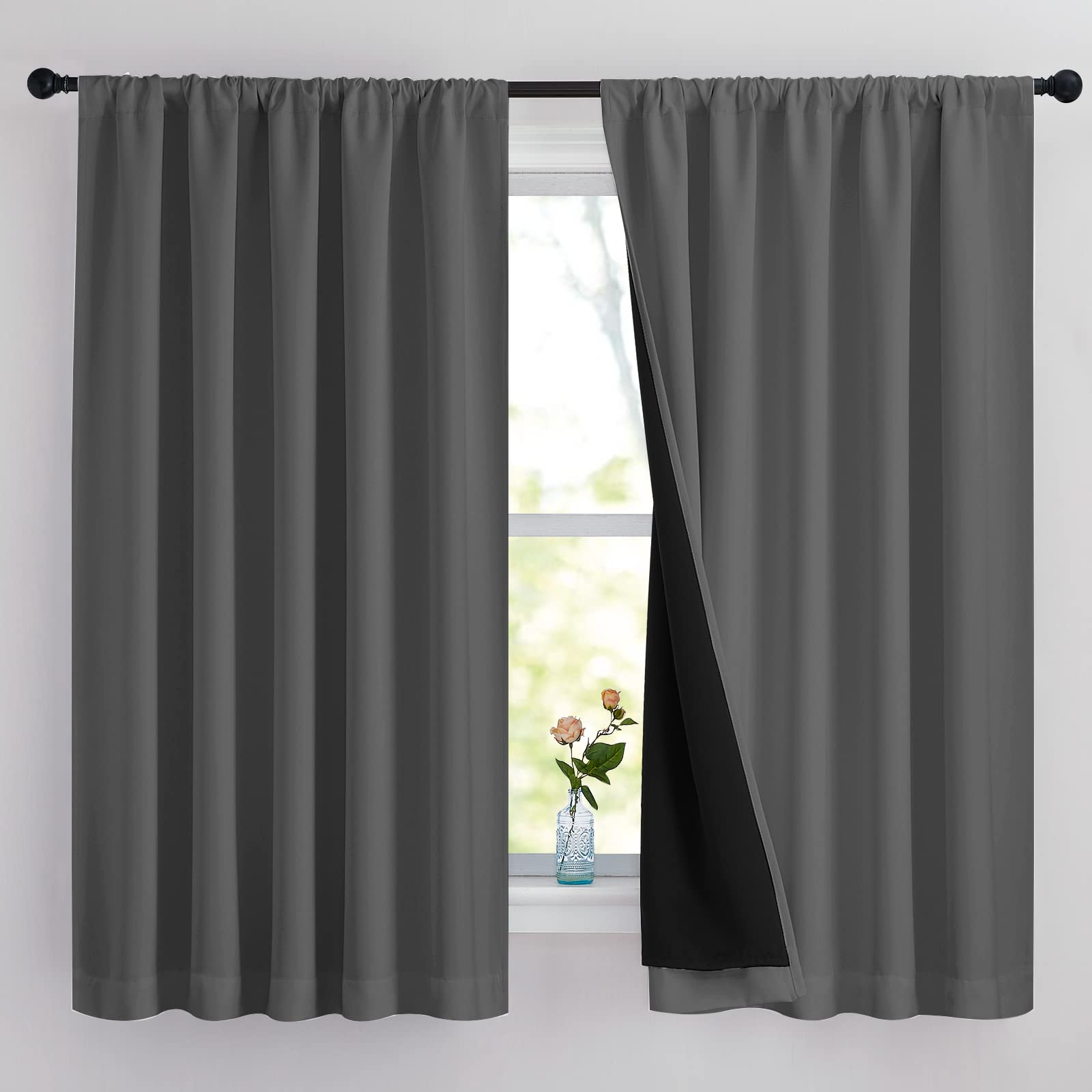 NICETOWN Cold Reducing Curtains, 100% Blackout Curtains 63  Long, Soft Thermal Insulated Rod Pocket 2-Layer Lined Drapes, Energy