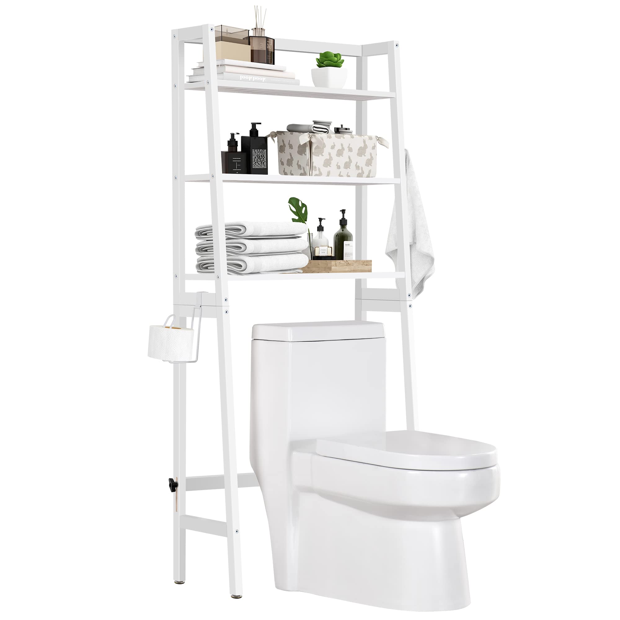 Mallking Over The Toilet Storage, Wooden 3-Tier Over-The-Toilet Rack Bathroom Space Saver Organizer, Freestanding Above Toilet With Toilet Paper Holder And Hooks (White)