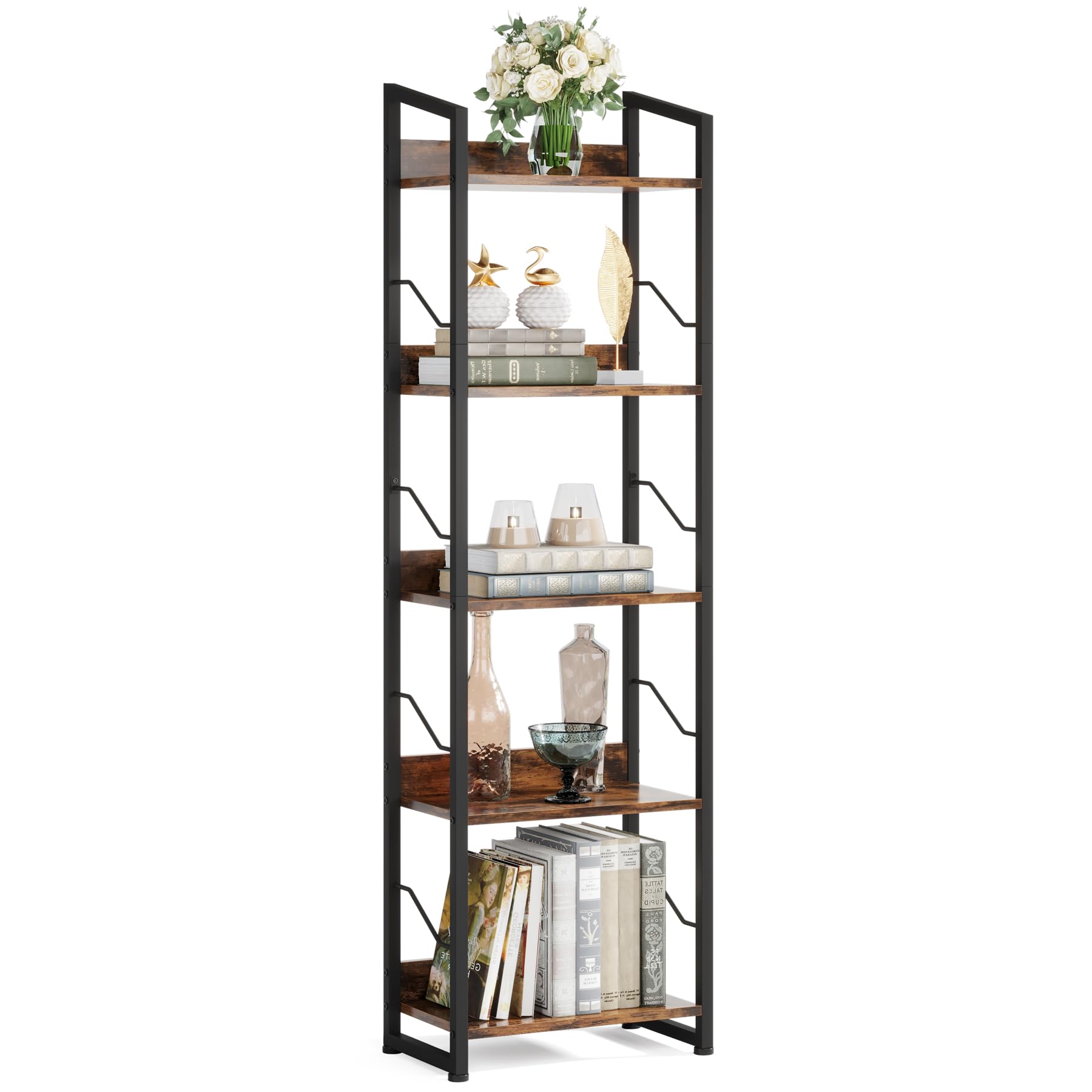 Hosfais 5 Tier Narrow Bookshelf: Tall Bookcase with Edge Protection, Industrial Modern Bookshelves for Bedroom Living Room Home 