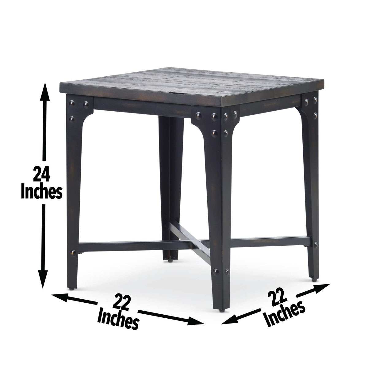 Steve Silver Sherlock Industrial Styling Square End Table, Hardwood Solids w/Iron Framed Base, Distressed Finish, Charcoal End Table, 22" L x 22" W x 24" H, Dark Brown/Charcoal
