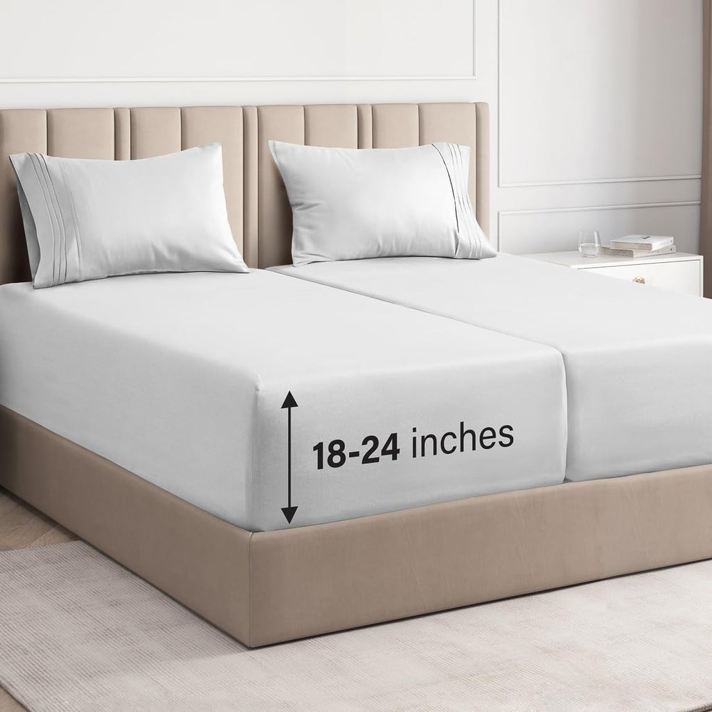 Extra Deep Pocket Split King Sheets - 5 Piece Breathable & Cooling Bed Sheets - Hotel Luxury Bed Sheet Set - Soft, Wrinkle Free & Comfy - Easily Fits Extra Deep Mattresses - Deep Pocket White Sheets