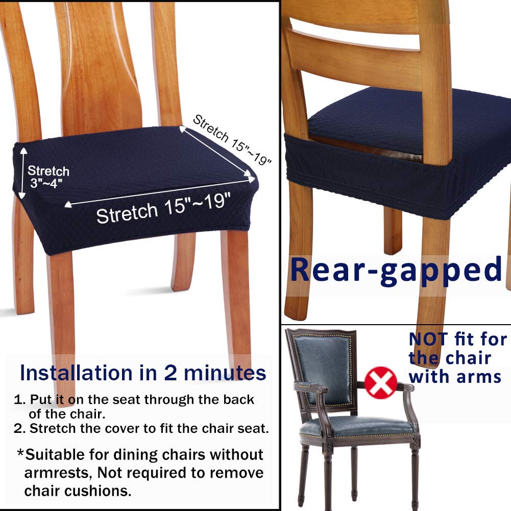 Buyue Fast Installation Dining Room Chair Covers Set Of 6, Luxury Stretch Jacquard Seat Slipcovers For Kitchen Armless Chairs, Rear Gapped- Navy Blue- 6