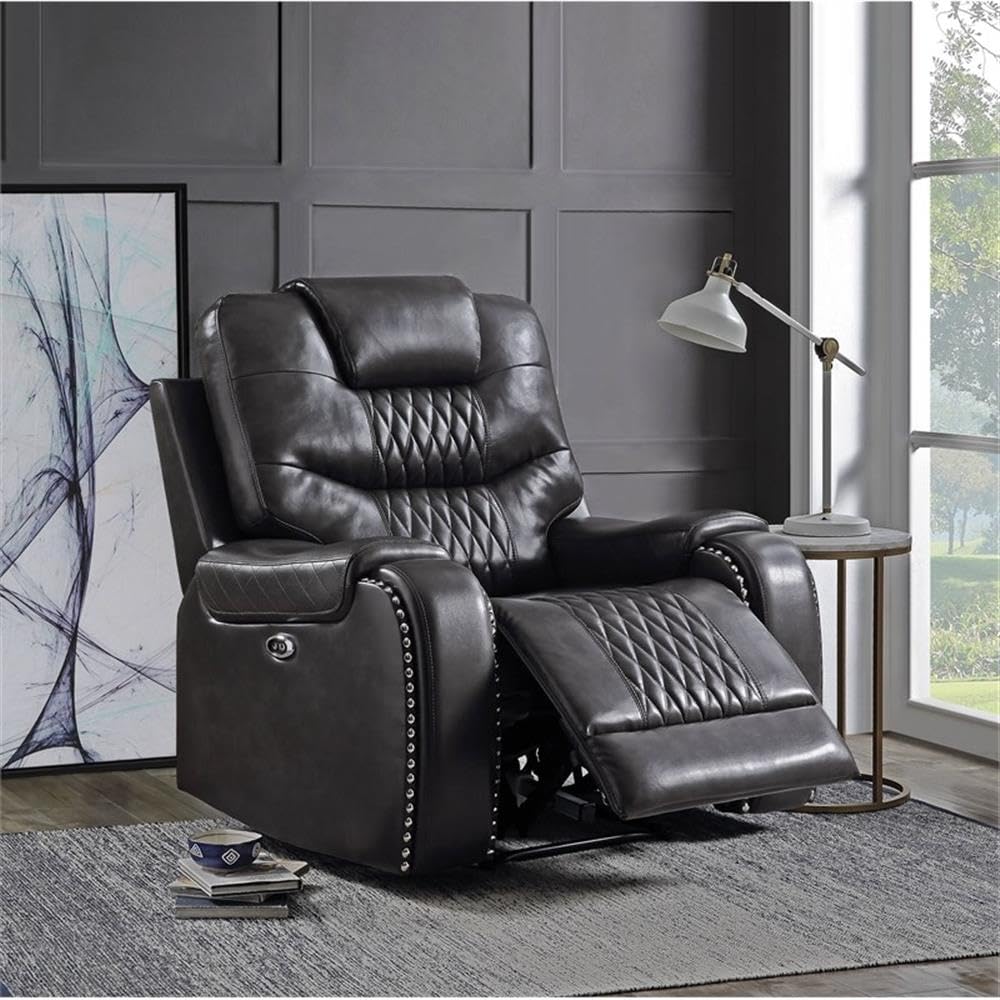 Acme Braylon Faux Leather Tufted Power Motion Recliner In Magnetite Dary Grey