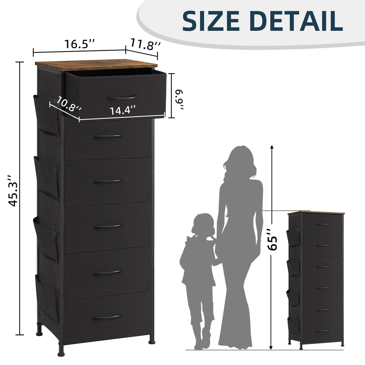 Somdot Tall Dresser For Bedroom With 6 Drawers And Side Pockets, Storage Organizer Chest Of Drawers With Fabric Bins For Closet Bedside Nursery Living Room Entryway Hallway, Black Rustic Brown