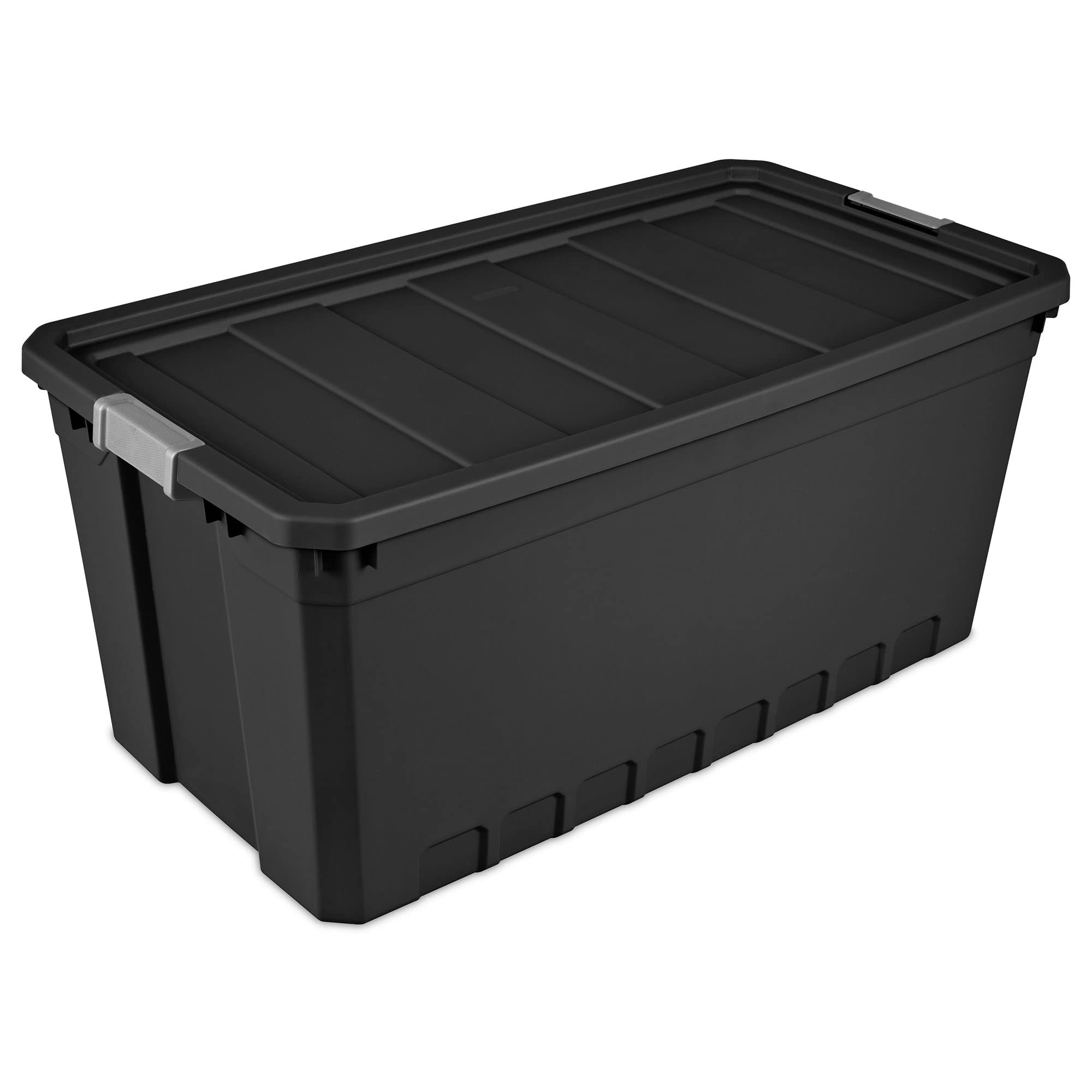 Sterilite 50-Gallon Large Stackable Rugged Industrial Storage Tote Container with Gray Latching Clip Lid for Garage, Attic, Work
