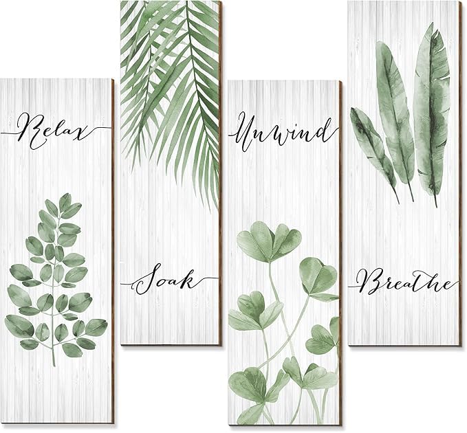 Mandala Soul Bathroom Wall Decor 4 Pieces Relax Soak Unwind Breathe With Boho Leaf Art Print Minimalist Sign Botanical Wooden Ha
