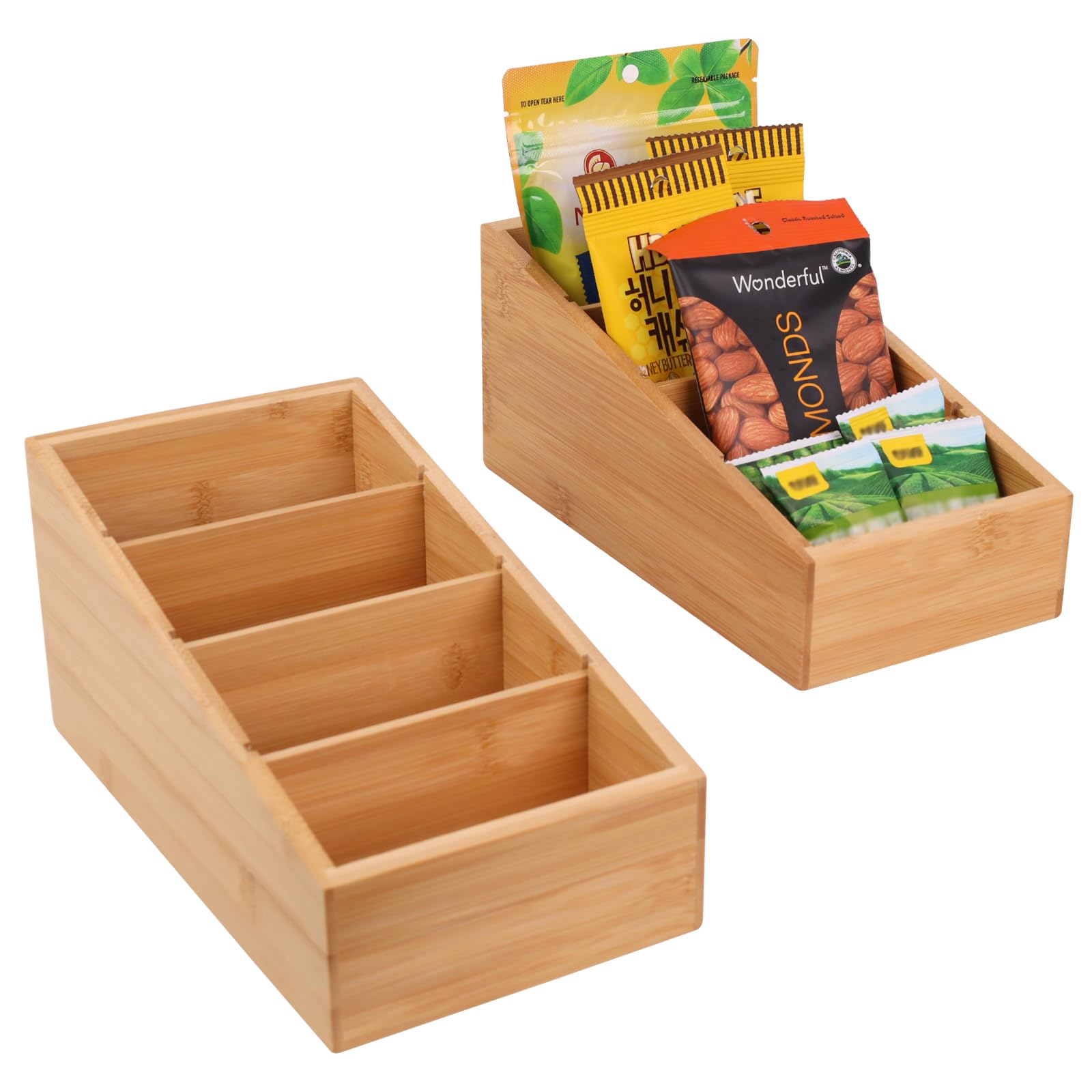 HTB 4-Section Snack Organizer with Removable Dividers for Kitchen, Cabinet, Office, Countertop, 2 Pack Bamboo Pantry Storage Org