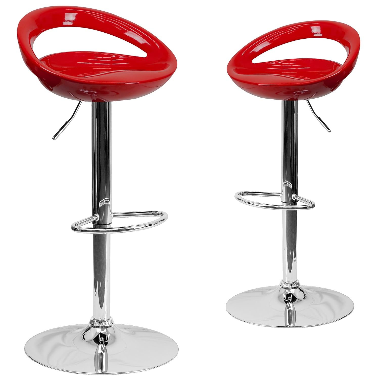 2 Pk. Contemporary Red Plastic Adjustable Height Barstool with Chrome Base