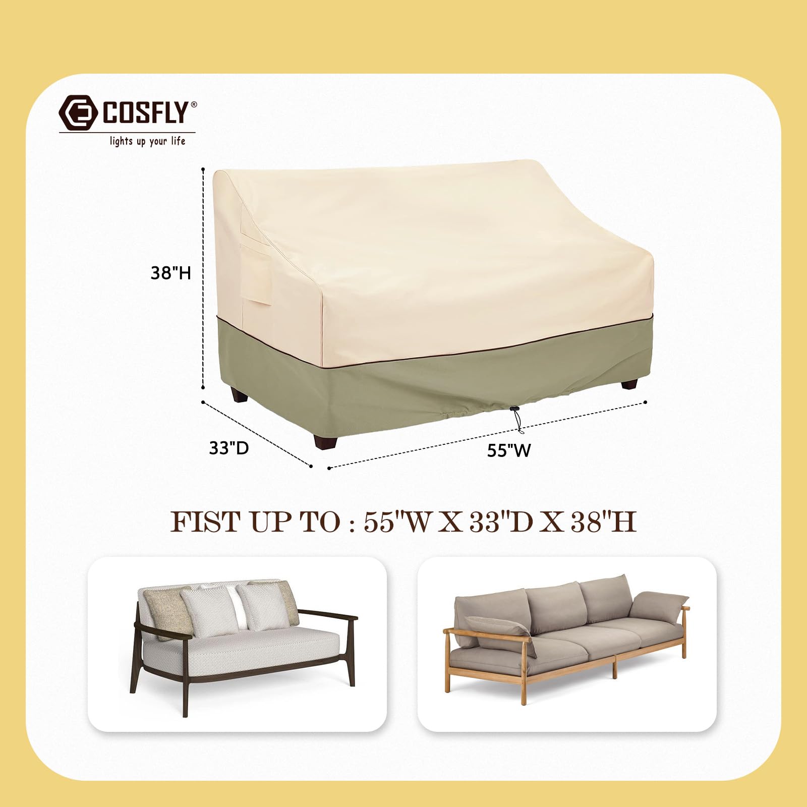 COSFLY Outdoor Furniture Patio Sofa Cover, Waterproof Oxford, Fits 55"W x 33"D x 38"H, Beige