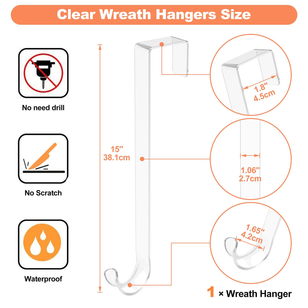 15' Clear Wreath-Hanger Non Scratch Over The Door Hooks,1 Pack Wreath-Door-Hanger Easter Halloween Christmas Decoration,Welcome