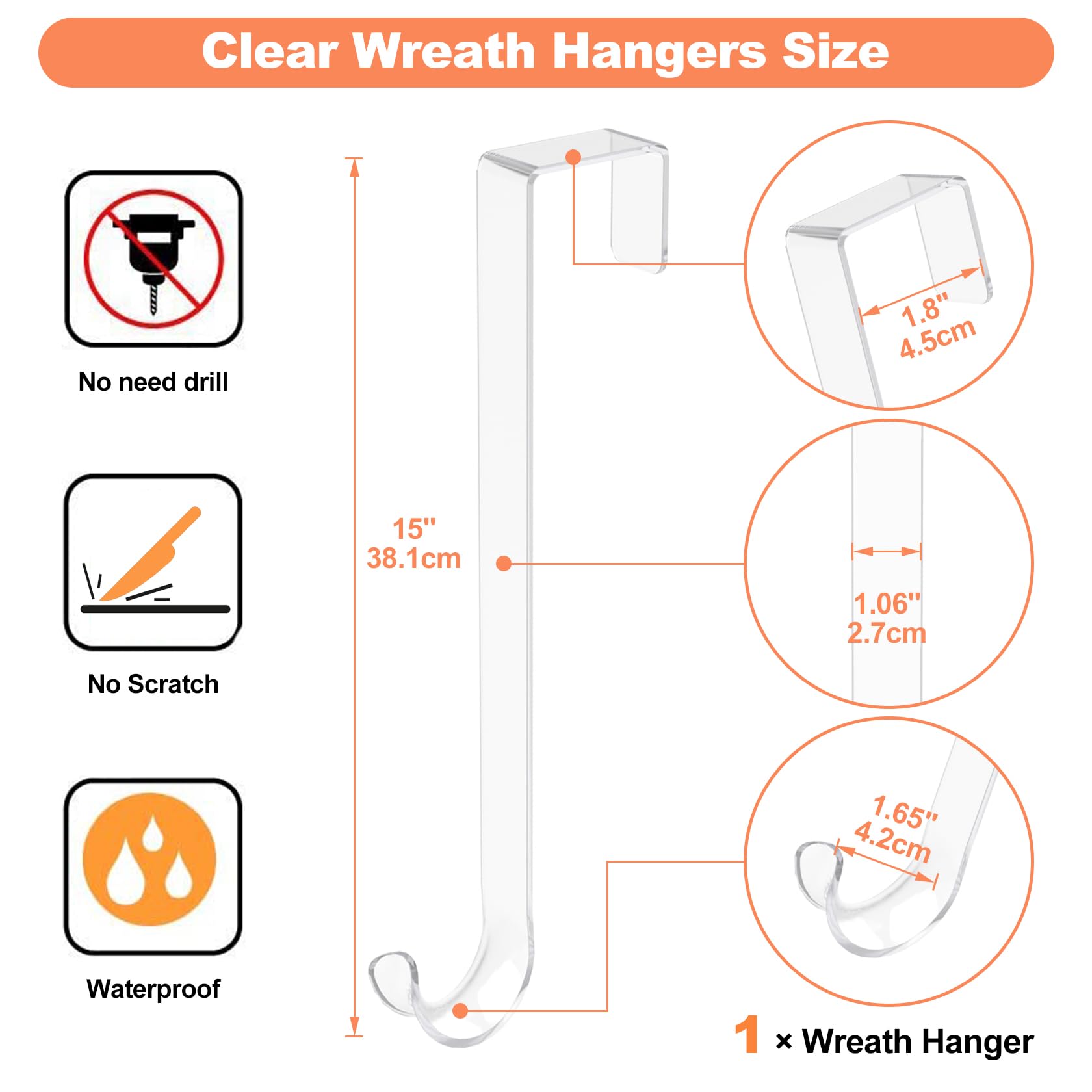 15' Clear Wreath-Hanger Non Scratch Over The Door Hooks,1 Pack Wreath-Door-Hanger Easter Halloween Christmas Decoration,Welcome