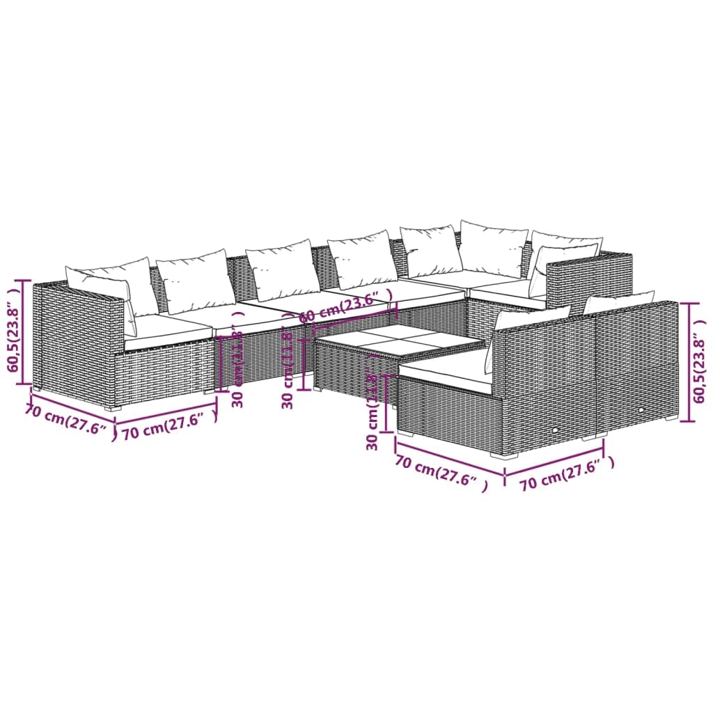 vidaXL Patio Lounge Set 9 Piece, Patio Furniture Set for Outdoor Garden, Sectional Sofa with Cushions, Corner Sofa, Brown Poly Rattan