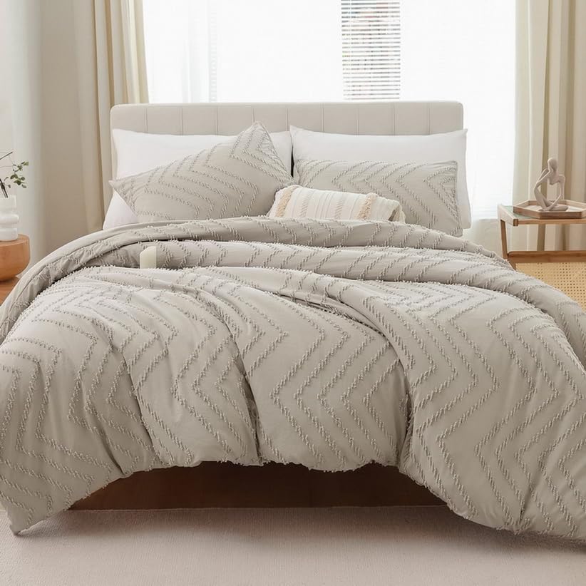 Yirddeo Oatmeal Comforter Queen Size 3Pcs, Boho Chevron Comforter Set Beige Farmhouse Bedding Sets Queen, Vertical Tufted Comfor