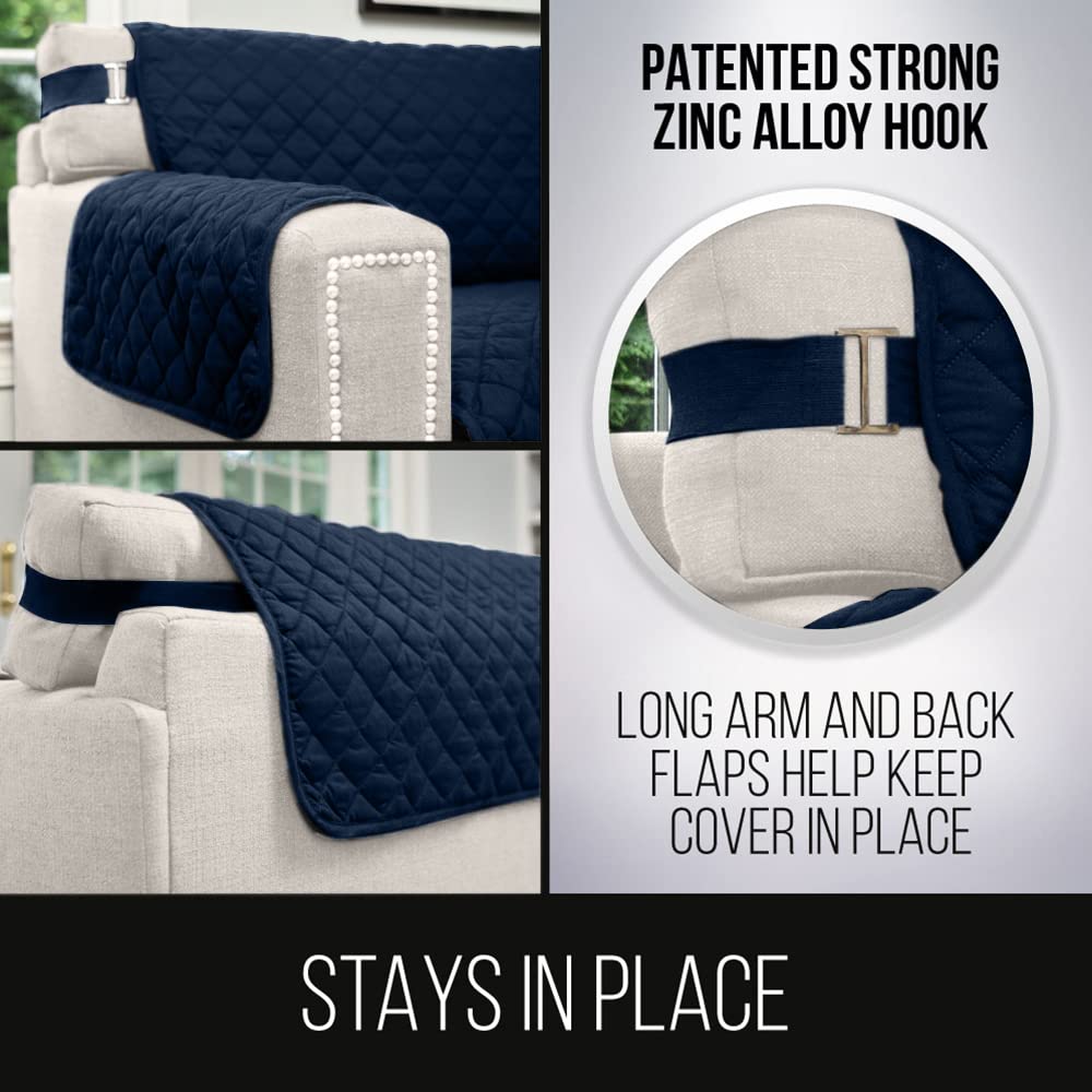 Sofa Shield Patented Sectional Slip Cover, Large Cushion Protector, Reversible Stain And Dog Tear Resistant Slipcover, Quilted Microfiber 30X30” Seat, Washable Covers For Dogs Pets Kids, Navy Sand