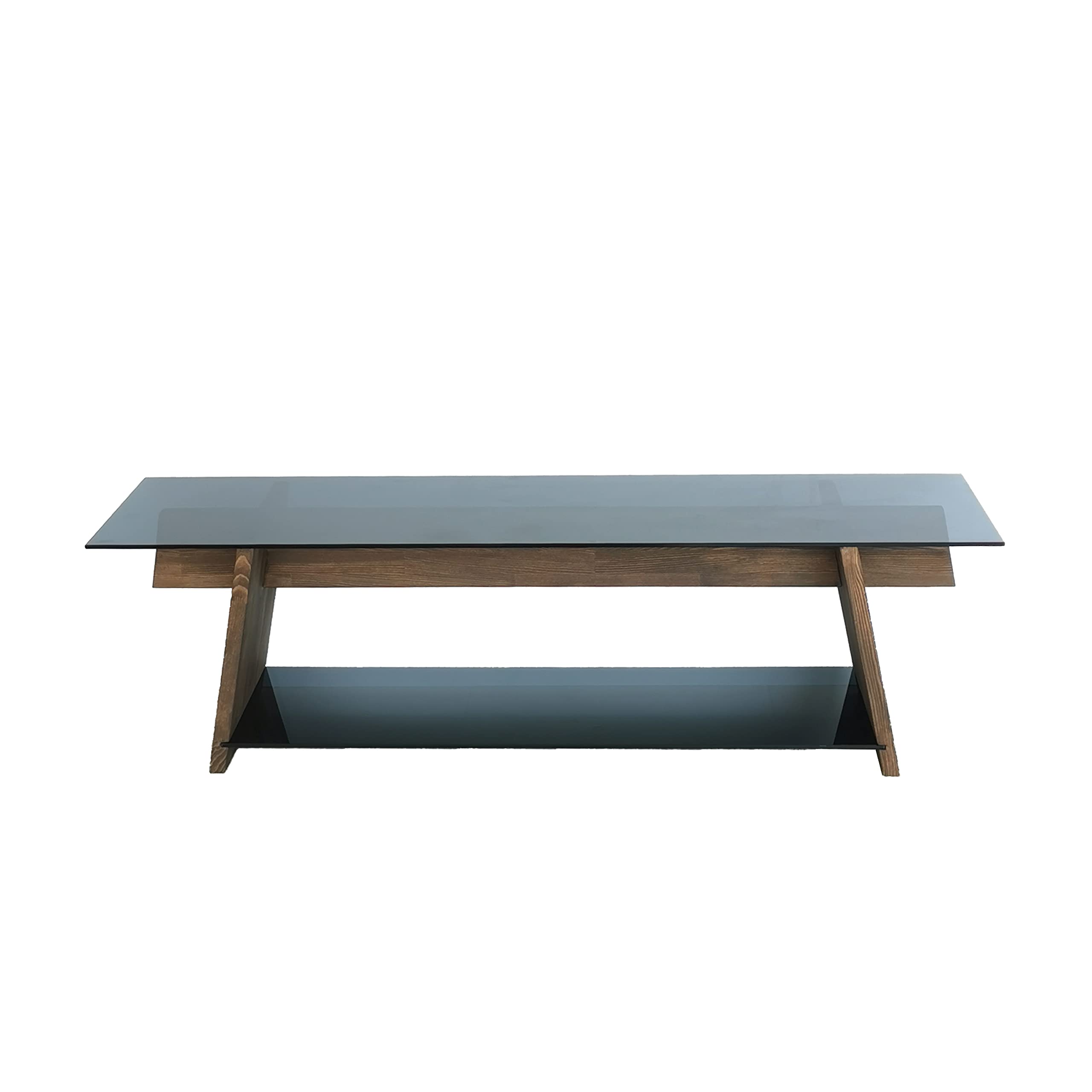 TUP The Urban Port 62-Inch Modern Tempered Rectangular Top TV Console Stand, Wood Frame, Glass Bottom Shelf, Black and Brown