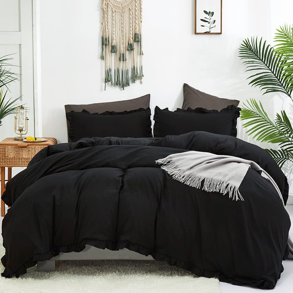 Clothknow Black Comforter Set California King Black Ruffle Bedding Comforter Sets Men Women Comforter All Black Bedding Ruffle Comforter Farmhouse Comforter Shabby Chic Bedding