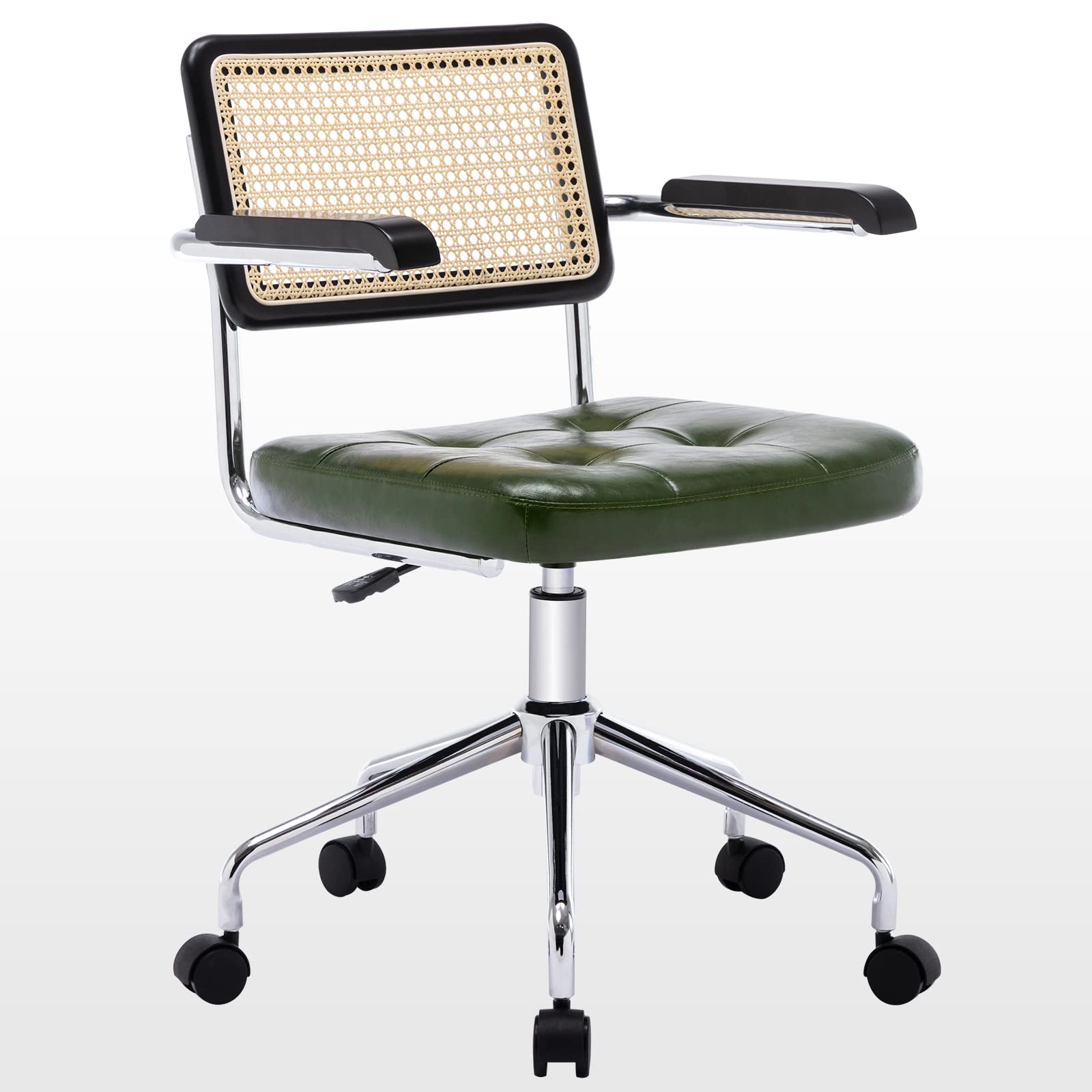 Zesthouse Modern Home Office Chair Leather Desk Chair with Rattan Back, Vanity Chair for Girls Women, Upholstered Tufted Swivel 