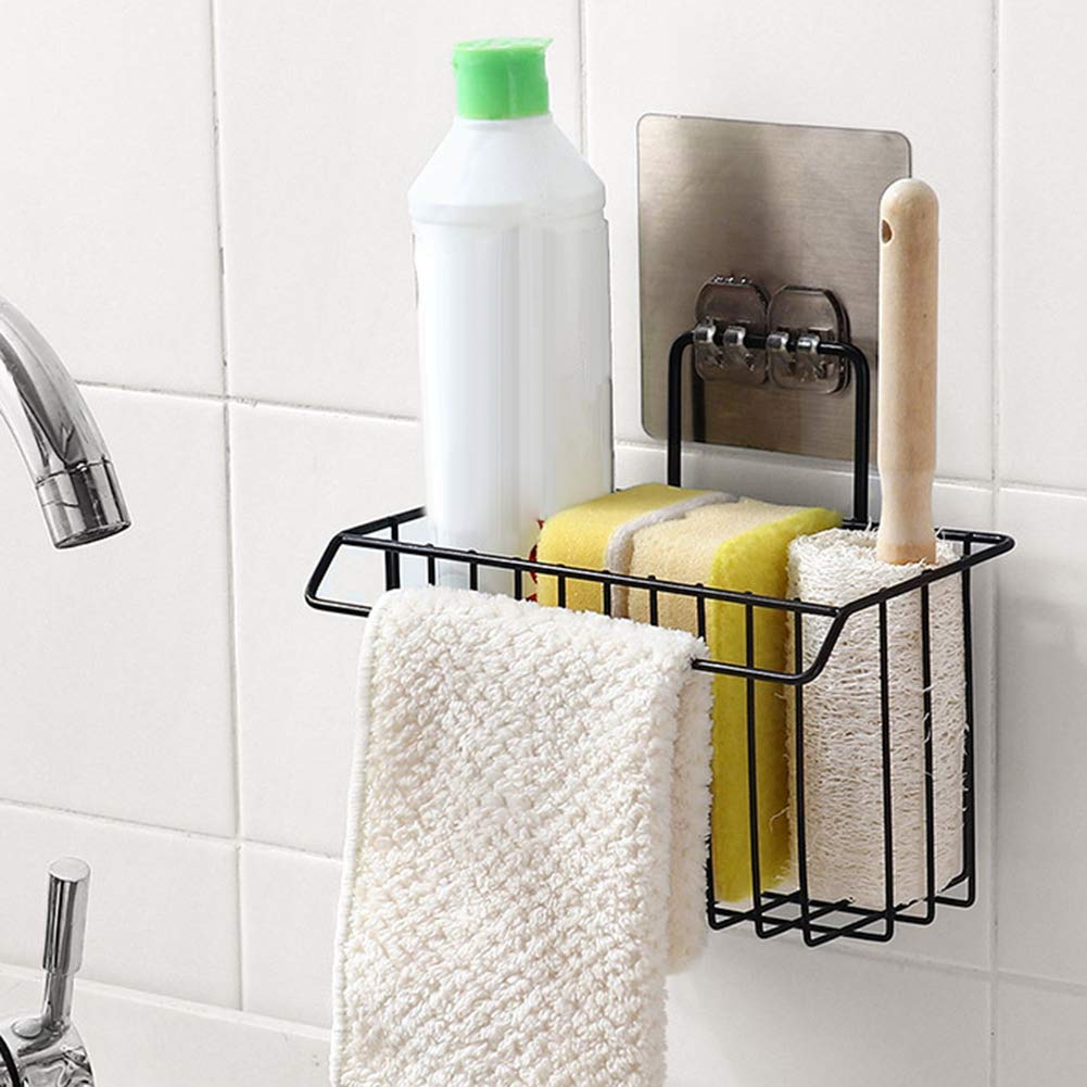 LUVINA Adhesive Caddy Hanger Sponge Holder Drain Storage Rack Basket (Black)
