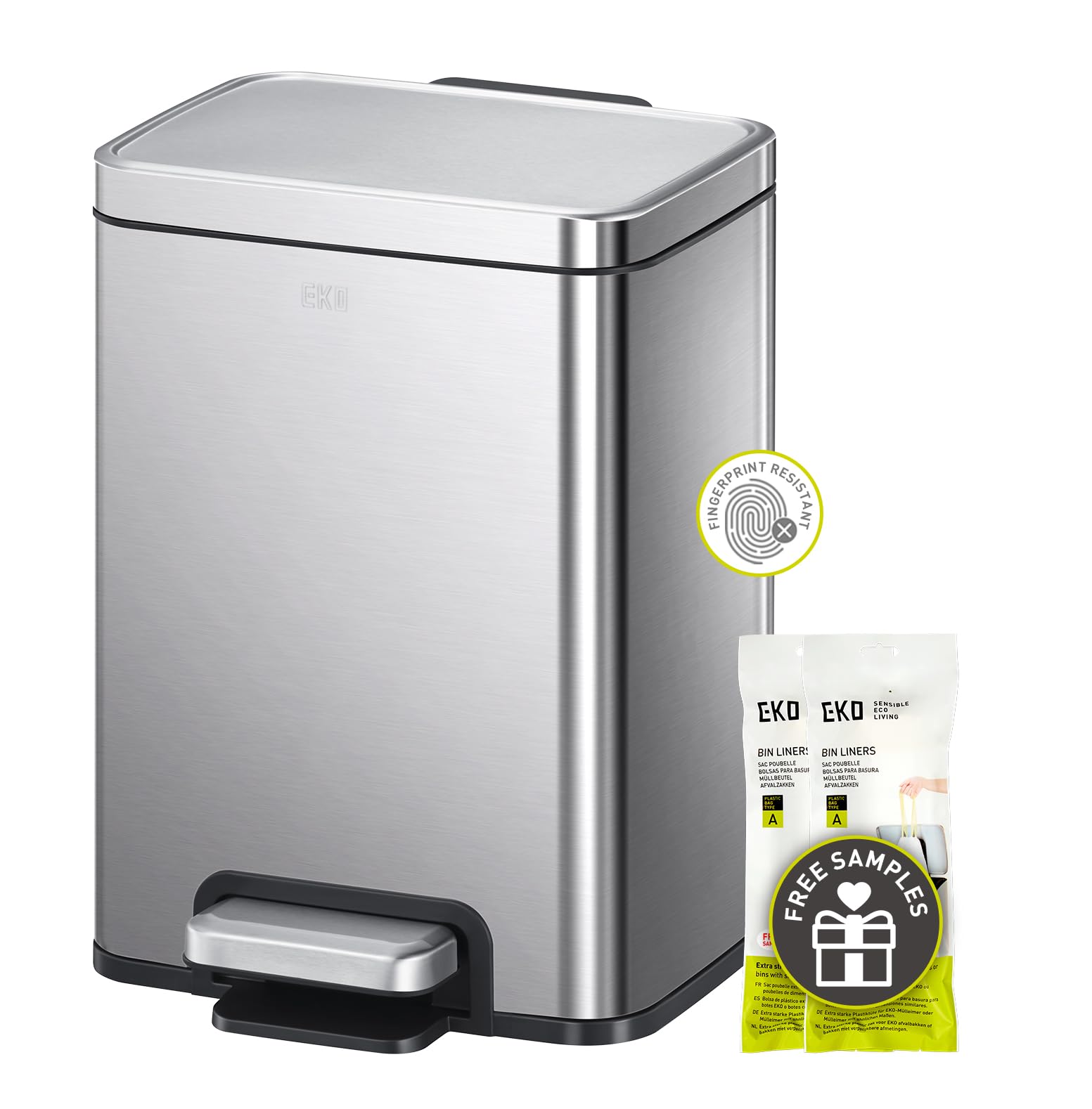 EKO Madison 6L / 1.6 Gal Bathroom Trash Can with Lid and Removable Inner Basket, Rectangular Small Step Trash Can, Brushed Stain