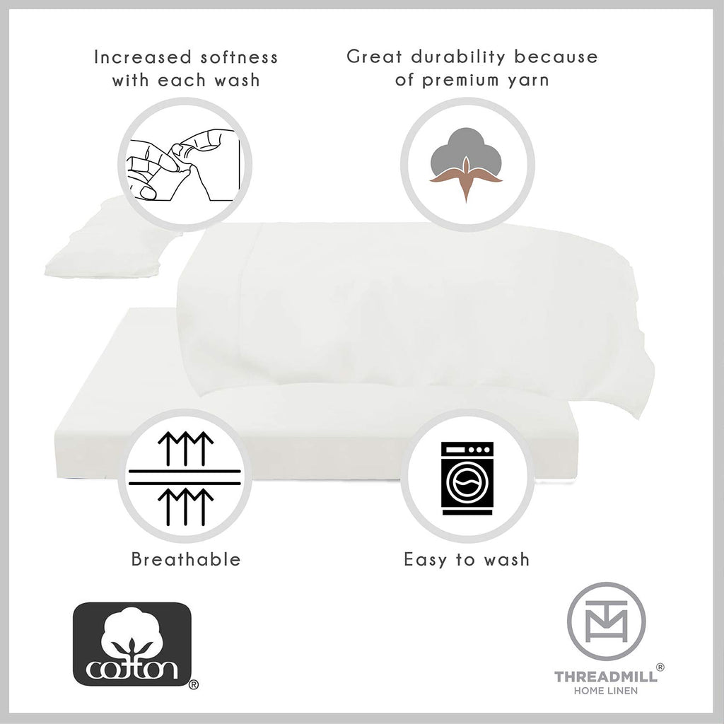 Threadmill 100% Cotton Hypoallergenic/Breathable/Stain-Resistant, 500 Thread Count, Solid 4-Piece Bed Sheet Set (1 Flat, 1 Fitte
