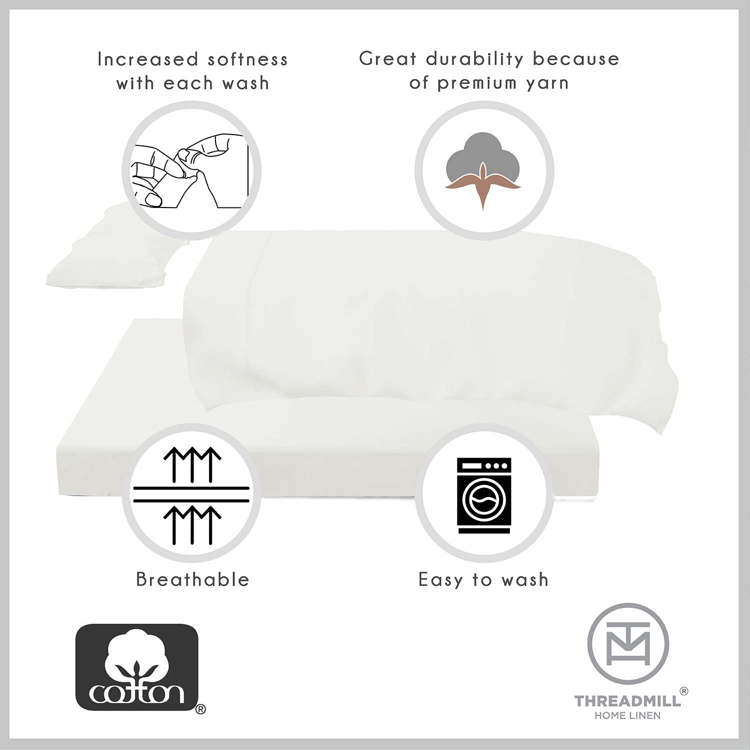 Threadmill 100% Cotton Hypoallergenic/Breathable/Stain-Resistant, 500 Thread Count, Solid 4-Piece Bed Sheet Set (1 Flat, 1 Fitte