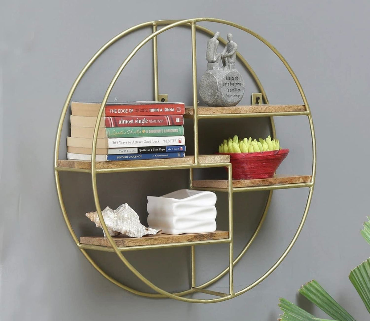 Ezzu Crafts Round Wall Shelve, Floating Shelf, Natural Wood & Welded Metal | Wall Hanging for Living Room and Bedroom organizing