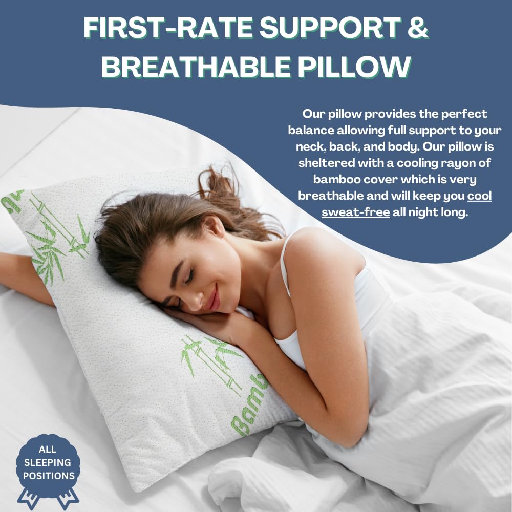 Memory Foam Bamboo Pillows King 20'' X 36'' [Adjustable] For Sleeping - Cool & Breathable Cover With Zipper Rayon Derived From B