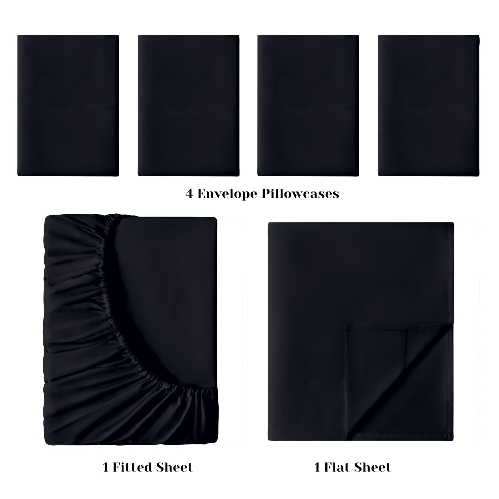 Bysure 6 Pieces Bed Sheets Set(Queen, Black) - Hotel Luxury Super Soft 1800 Thread Count 100% Microfiber Sheets With Deep Pocket