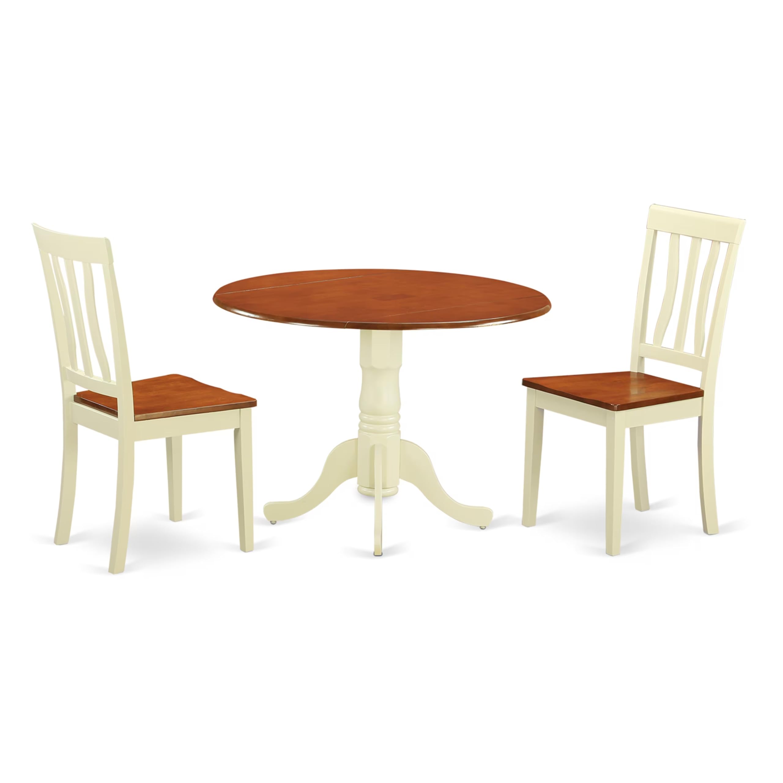 East West Furniture DLAN3-BMK-W 3 Piece Dinette Set for Small Spaces Contains a Round Dining Table with Dropleaf and 2 Kitchen Dining Chairs, 42x42 Inch, Buttermilk & Cherry