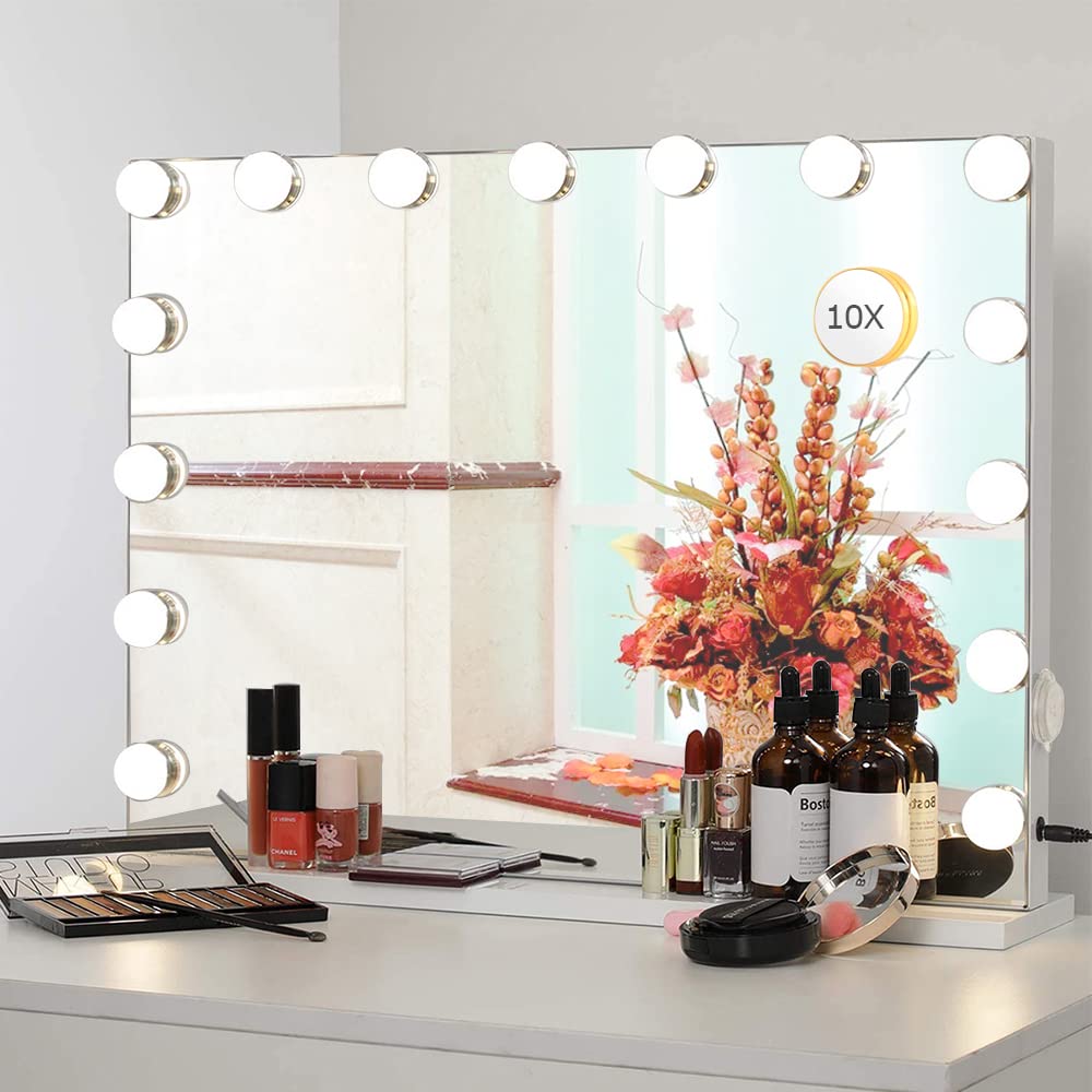 Zdorzi Vanity Mirror with Lights,Large Hollywood Lighted Makeup Mirror with 15 Dimmable LED Bulbs,3 Color Modes,Touch Control,10
