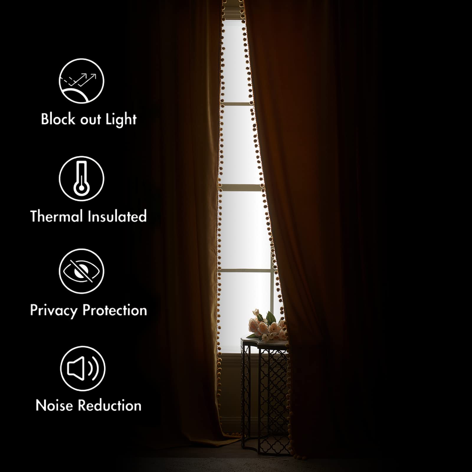 Miulee Mustard Yellow Pom Pom Velvet Curtains For Fall Bedroom/Living Room Darkening Thermal Insulating 84 Inches Long Blackout