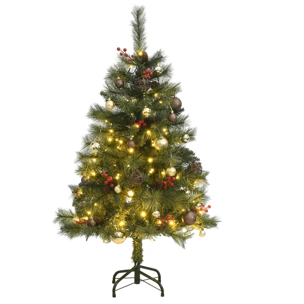 Vidaxl Stunning Artificial Green Christmas Tree With Hinged Construction 47.2 Inch (Height)  Decorated With 150 Leds, Cones, Berries