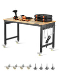 VEVOR Adjustable Workbench on Wheels, 1500 lbs Capacity, 48 x 24 Inch Oak Wood Top Workbench with 28.5-42.3 Inch Height Adjustme