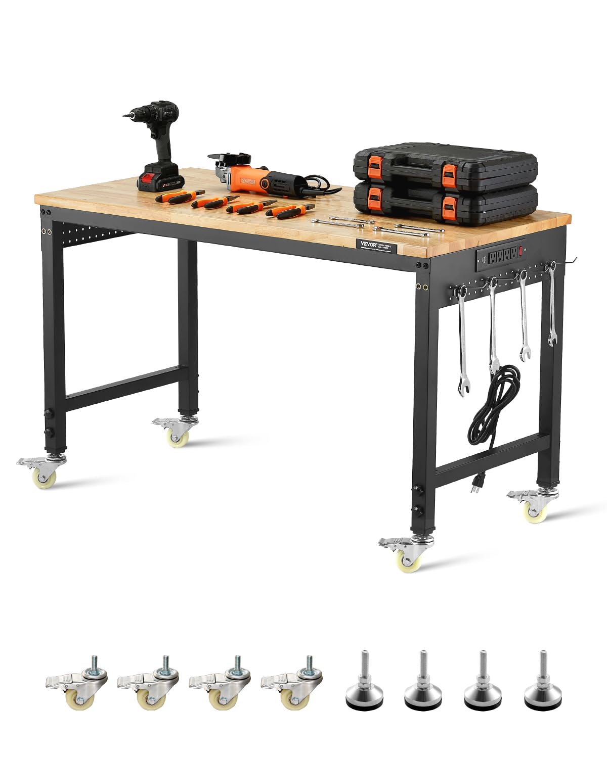 VEVOR Adjustable Workbench on Wheels, 1500 lbs Capacity, 48 x 24 Inch Oak Wood Top Workbench with 28.5-42.3 Inch Height Adjustme