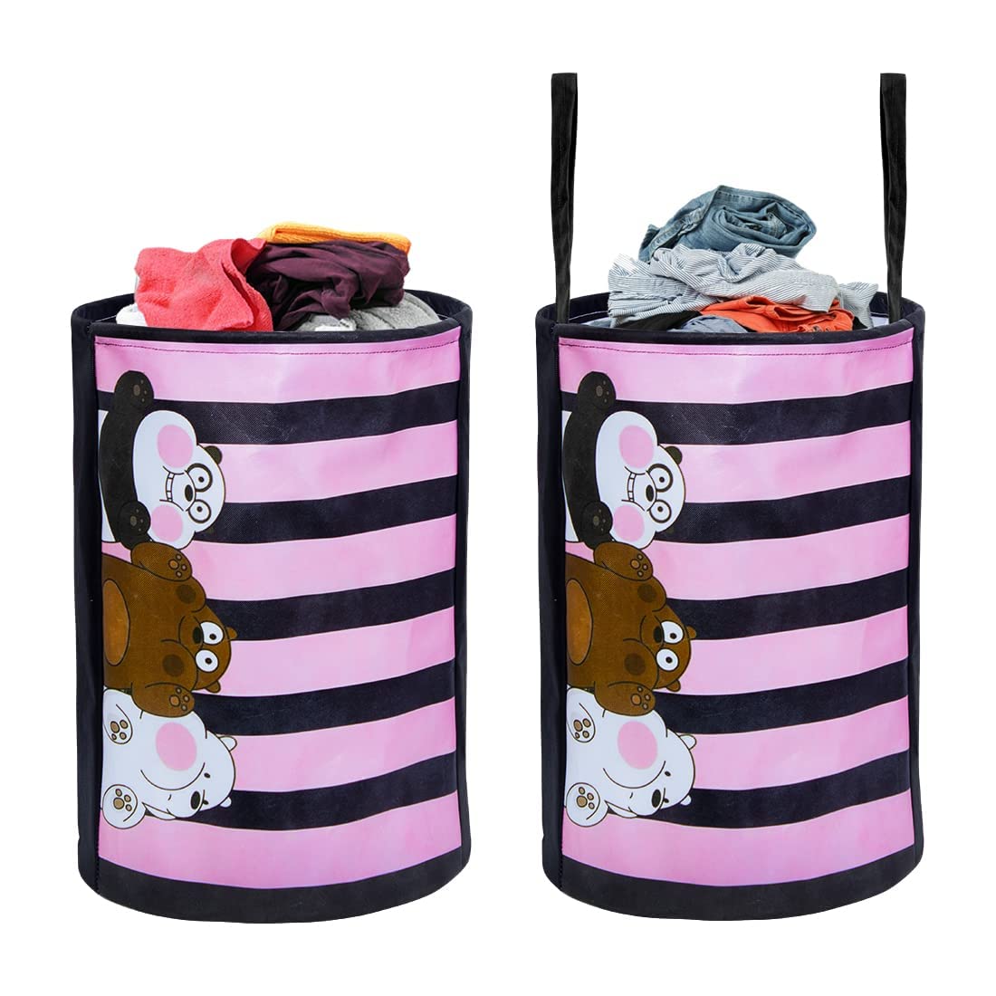PrettyKrafts 45L Non Woven Panda Printed Round Foldable Large Laundry Bag/Basket with Lid & Handles, Freestanding Clothes Storag