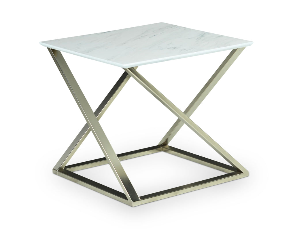 Steve Silver Zurich White Square Faux Marble End Table with Sturdy Asymmetrical Matte Chrome Base, Papered Veneer Top, Mixed Media Style, 24" L x 24" W x 23" H