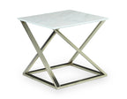 Steve Silver Zurich White Square Faux Marble End Table with Sturdy Asymmetrical Matte Chrome Base, Papered Veneer Top, Mixed Media Style, 24" L x 24" W x 23" H